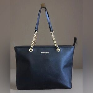 Michael Kors Black Saffiano Jet Set Travel Gold Toned Chain Tote Bag Purse 17x10